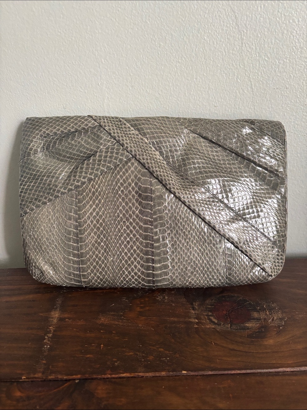 VTG 1980s Genuine Snakeskin Convertible Clutch Bag - Olive Green - Picture 4 of 12